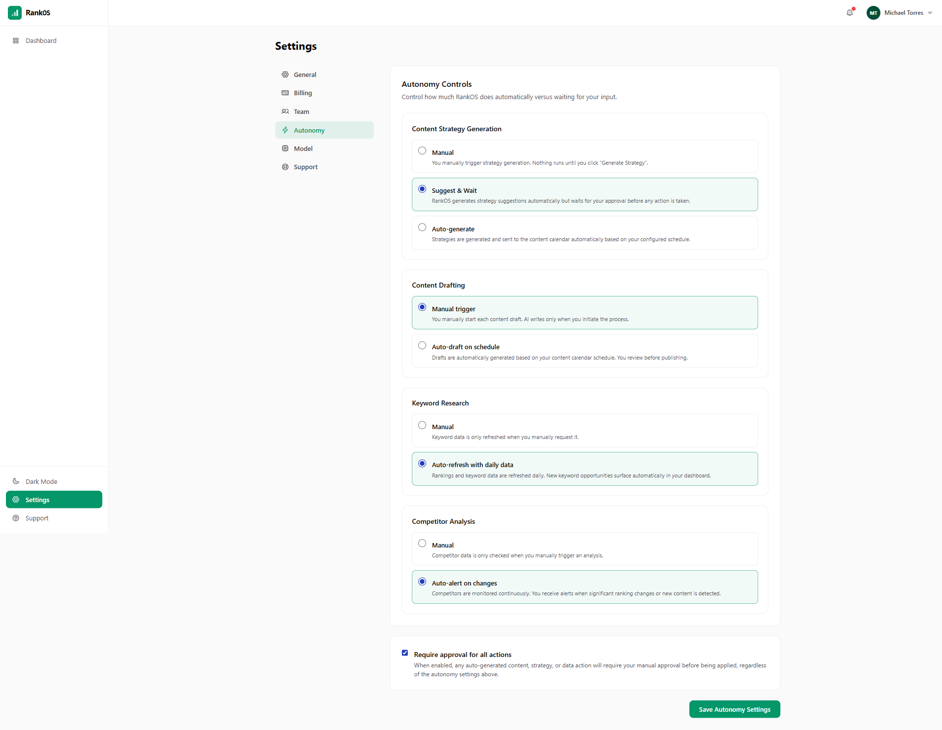 RankOS autonomy settings showing per-workflow automation controls